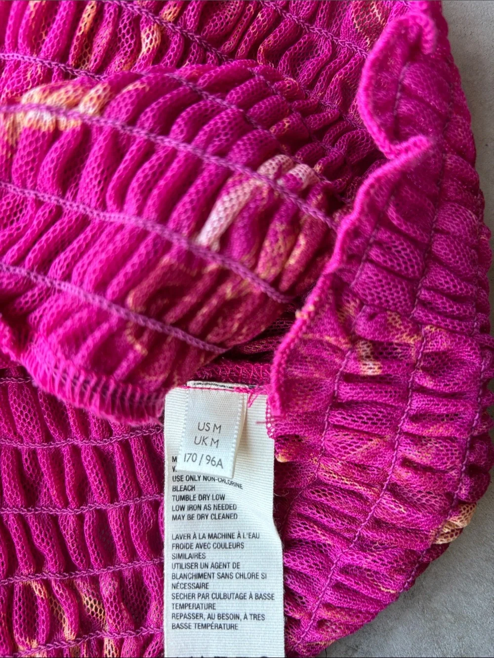 Free People Fuchsia Floral Mesh Smocked Peasant Top Boho Fairycore Y2K size M
